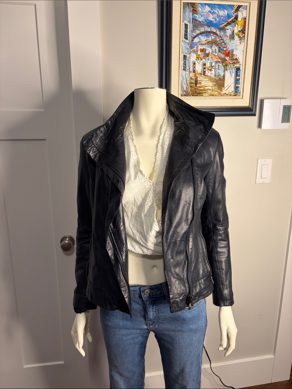 Dark Blue Leather Moto Jacket - Women's Classic Zip Front